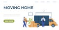 Moving Home company web banner with loaders, flat vector illustration.