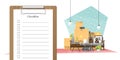 Moving home concept with survey clipboard and pile of furniture background