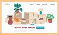 Moving home service landing page. Cardboard boxes. Family relocation. Packed stuff for relocating to new apartment Royalty Free Stock Photo
