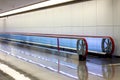 Moving horizontal walkway escalator travelator/sidewalk in international airport ternimal. Royalty Free Stock Photo
