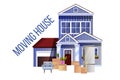 Moving house concept with blue vintage building, furniture, boxes, house plant, refrigerator.