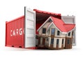 Moving house. Home and cargo shipping container on whit