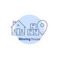 Relocation concept, package and transportation, moving house services, delivery to door, receive parcel, vector stroke icon