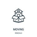 moving icon vector from removals collection. Thin line moving outline icon vector illustration. Linear symbol for use on web and