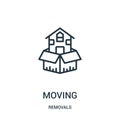 moving icon vector from removals collection. Thin line moving outline icon vector illustration. Linear symbol for use on web and