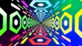 Moving inside hexagonal tunnel with colorful sides, seamless loop. Motion. Flying through endless futuristic 3D portal.