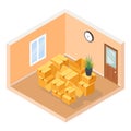 Moving isometric hall room cardboard box pile cutaway flat design isolated concept vector illustration
