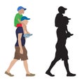 Moving man with child sitting on his shoulders and their silhouette. Vector illustration