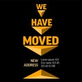 We are moving minimalistic black flyer template with yellow triangle arrows Royalty Free Stock Photo