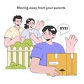 Moving out from parents. Young character pack belongings and relocating. Royalty Free Stock Photo
