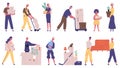 Moving out people. Family moving new house, characters carrying boxes and furniture, cargo delivery service vector