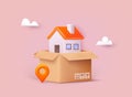 Moving and relocation concept. House in box. 3D Web Vector Illustrations