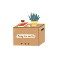 Moving in relocation, furniture and cardboard boxes with personal accessories vector. Containers with things. Vector