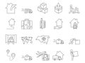 Moving and Relocation Icons Set. Moving House, Luggage, Airplane. Editable Stroke. Simple Icons Collection