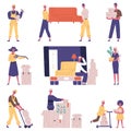 Moving relocation people. Relocation delivery service characters, people carrying furniture and cardboard boxes vector