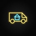 moving, relocation, van neon icon. Blue and yellow neon vector icon