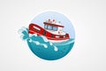 Moving rescue boat. Deep sea with wave. Round vector computer icons for applications or games. Logo and emblem template. Handdrawn