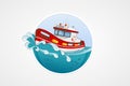 Moving rescue boat. Deep sea with wave. Round vector computer icons for applications or games. Logo and emblem template. Handdrawn