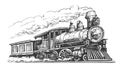 Moving retro steam locomotive. Train, vintage transport illustration isolated on white background Royalty Free Stock Photo