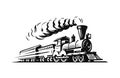 Moving retro steam locomotive. Vintage train emblem or symbol vector illustration Royalty Free Stock Photo