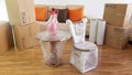 Moving scene with a chair, a vase on a table packed in plastic inside a room with a sofa, plastic rolls and closed cardboard boxes