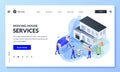 Moving service banner. Workers carry furniture and household appliances to house. Vector 3d isometric illustration
