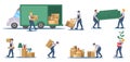 Moving service. Delivery service workers loading boxes and sofa into truck, residential move logistics cartoon vector