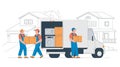 Moving service workers help at home relocation. Loaders, movers team loading cardboard boxes and appliances into truck. Deliv...