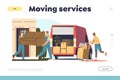 Moving services concept of landing page with worker loaders loading furniture and boxes to truck