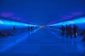 Moving sidewalks and a changing light show in the tunnel of the Detroit Airport, Detroit, Michigan