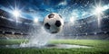 Moving soccer ball around splash drops on the stadium field Generative By AI