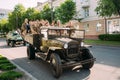 Moving Soviet WW2 Truck ZIS-5V, People Soldiers Uniform Take Part At Victory Day Parade 9 May