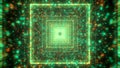 Moving in square cyber tunnel with particles. Motion. Glowing particles in tunnel with neon squares. Square spatial