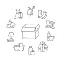 Moving, storage, charity concept. Round linear poster. Black illustration. Set of contour isolated vector icons on white