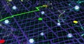 Moving target marker following neon green grid lines on digital map, with glowing hex icons Royalty Free Stock Photo