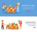 Moving time, inscription on banner, woman in house, apartment with collected things, design, cartoon style vector