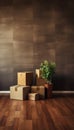 Moving to new home donation concept stack of cardboard boxes with cat in empty box Royalty Free Stock Photo