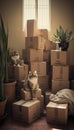 moving to new home donation concept with stack of cardboard boxes and cat sitting in empty box Royalty Free Stock Photo