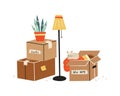 Moving to a new home. The family moved to a new home. Paper cardboard boxes with various household items. Vector