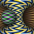 Moving torus of colorful zigzag striped pattern with sphere. Vector hypnotic optical illusion illustration