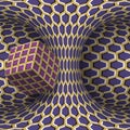 Moving torus of purple beige hexagonal pattern with rotating square cube. Vector hypnotic optical illusion illustration