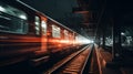 Moving train with blurry lights. Generative AI Royalty Free Stock Photo