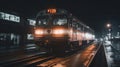 Moving train with blurry lights. Generative AI Royalty Free Stock Photo