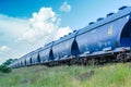 Moving train with grain wagons on the background of the summer sky. Blue wagons full of grain cargo. A field of meadow grasses in