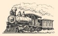 Moving retro train with smoke sketch. Hand drawn transport, locomotive vintage engraving style. Vector illustration Royalty Free Stock Photo