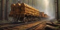 Moving train with wagons loaded with timber, concept of Lumber transportation, created with Generative AI technology