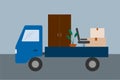 Moving. Truck with furniture and cardboard boxes. Relocate to new home or office. Vector