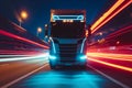 Moving truck on highway in night time. Motion blur, light trails. Transportation, logistic. Timelapse, hyperlapse of