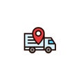 Moving truck tracking icon with pin locator symbol. relocation and delivery concept. simple clean thin outline style design.