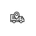 Moving truck tracking icon with pin locator symbol. relocation and delivery concept. simple clean thin outline style design.